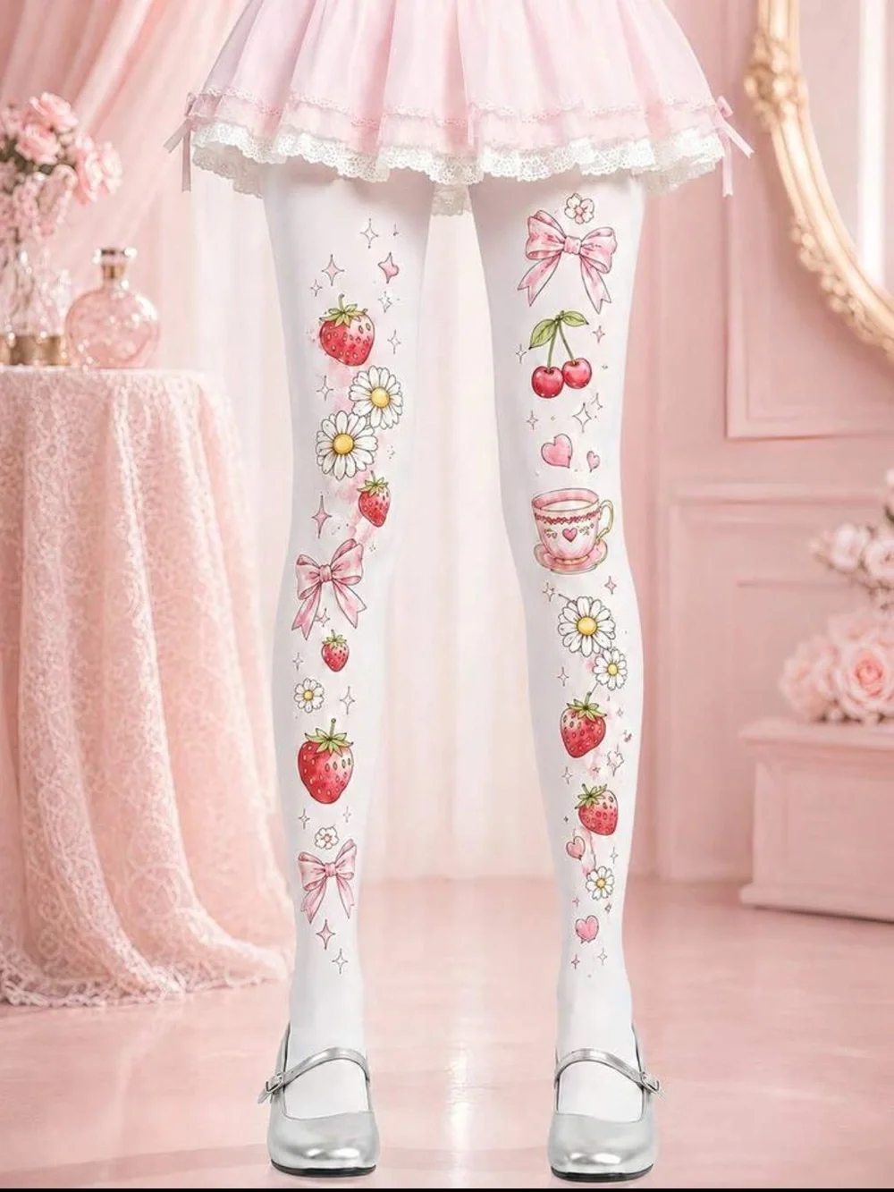 Sweet Strawberry & Cherry Print Woman’s Tights - White
